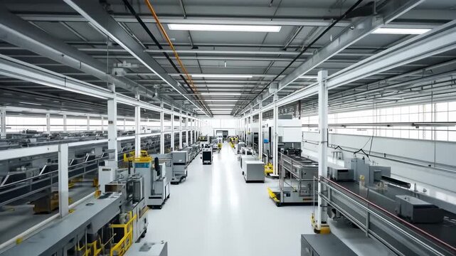 Wide-angle video shot of a modern, spacious factory interior with high ceilings, showcasing advanced machinery and bright lighting.