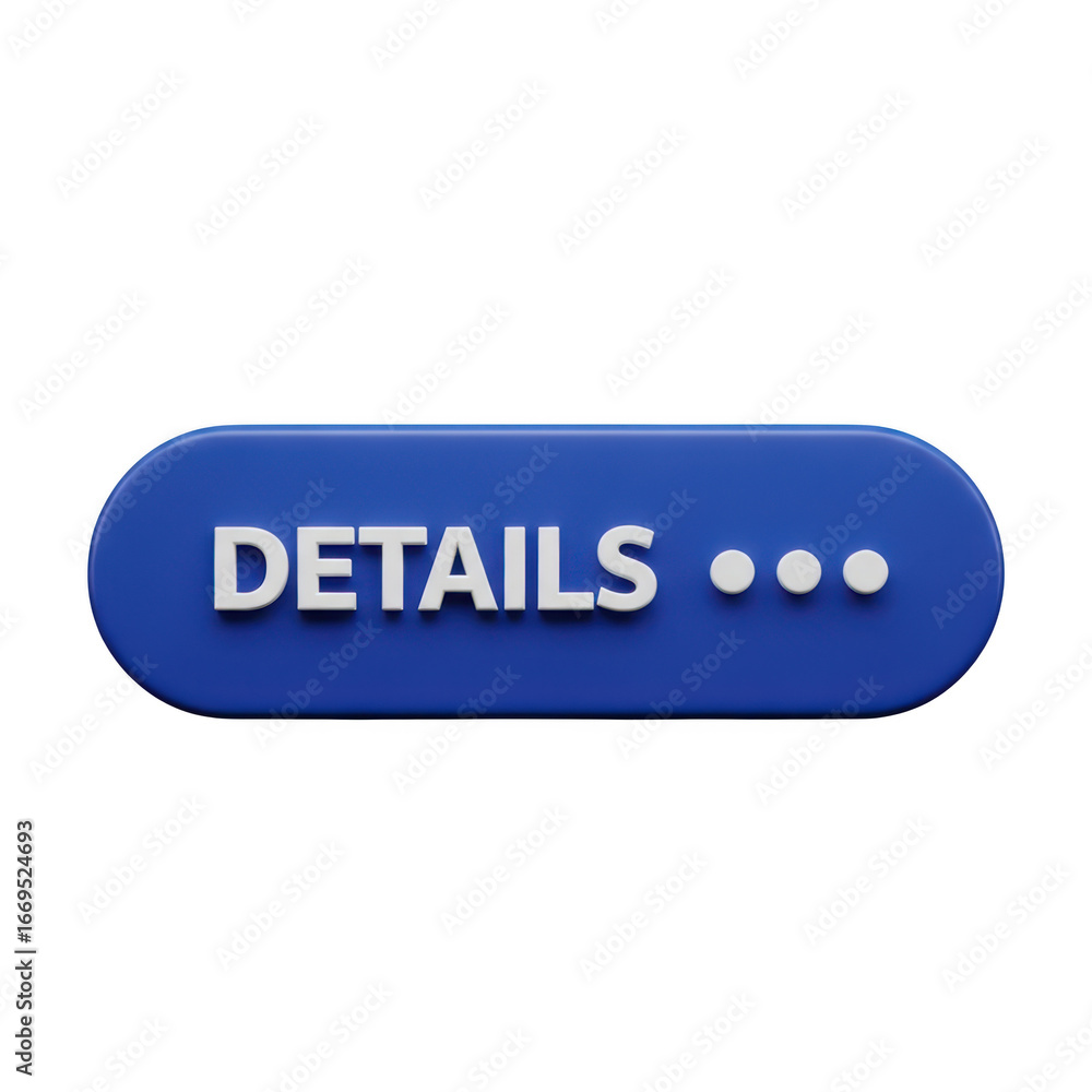 Poster 3d icon of 3d blue button with the word details and three white dots, isolated on transparent backgr