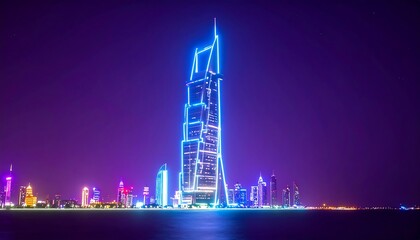 A striking cityscape at night, showcasing a tall illuminated skyscraper against a vibrant purple backdrop.