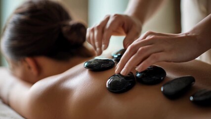 Close-up of a woman’s back in a spa massage. Black hot stones are placed by a therapist for a relaxing and rejuvenating spa treatment experience.