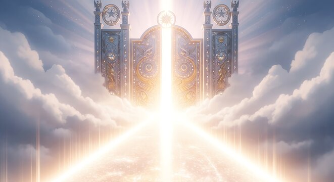 Majestic gates of heaven bathed in golden light, opening to a divine realm