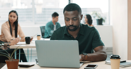 Business, man and research on laptop in office for email, writing article and editing draft. Journalist, coworking and pc for proofreading, report news and headline information on publication agenda