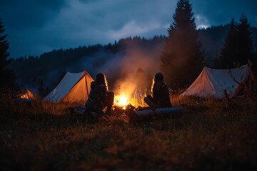 Two friends share stories and warmth around a glowing campfire at dusk, surrounded by tents in a serene wilderness camp.
