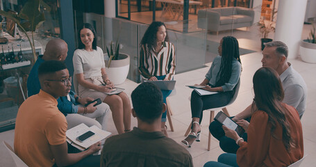 People, meeting and teamwork in office, conversation and brainstorming for creative project. Group,...