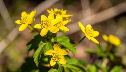 Bright yellow wildflowers in full bloom, sunlight illuminating petals and leaves