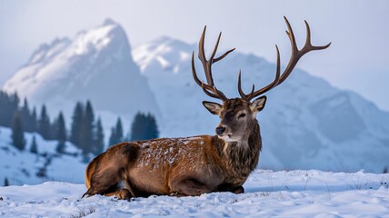 Wild deer with large antlers resting in snowy winter mountain landscape