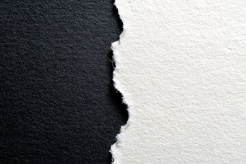 Torn edge of textured white paper contrasts against a solid black backdrop