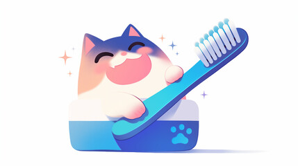 Fototapeta premium Cute Cat Brushing Teeth Cartoon