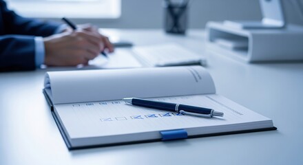 Office Workflow: An open notebook and pen lie on a table, conveying the essence of work and planning, with a blurred background of someone diligently working.