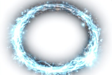 Glowing circle of light with ethereal blue energy swirls & sparkling particles, surrounded by a soft white aura on a white background
