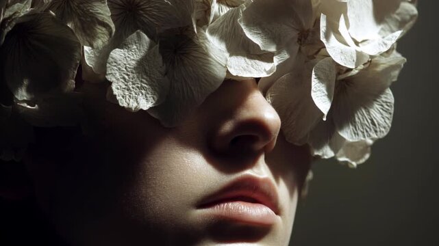 Surreal fashion editorial featuring a woman with her head replaced by white flower buds, in soft beige tones, merging art, beauty, and conceptual visual storytelling.