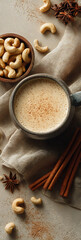 Warm spiced latte with creamy cashew milk and cinnamon a cozy autumn beverage perfect for relaxation and comfort