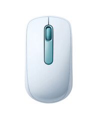 White wireless computer mouse with teal scroll wheel and accents isolated on transparent background. PNG die-cut for advertising