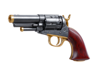 Detailed view of a vintage revolver with wooden handle and gold accents isolated on transparent background. PNG die-cut for advertising