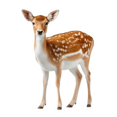 Fototapeta premium A young spotted deer stands facing forward showing its brown and white coat isolated on transparent background. PNG die-cut for advertising