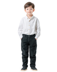 Young boy with hands in pockets wearing a white collared shirt and dark trousers isolated on transparent background. PNG die-cut for advertising
