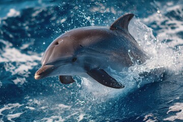 Obraz premium Playful dolphin leaping out of sparkling ocean water under bright sunlight at a tropical location during the day