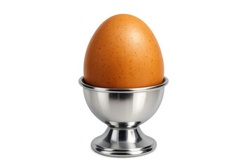 Brown chicken egg resting in silver cup, positioned against clean transparent backdrop, highlighting culinary simplicity