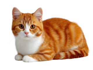 Ginger tabby cat with white chest and paws lies calmly front view isolated on transparent background. PNG die-cut for advertising