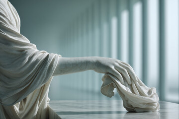 photorealistic depiction of hand elegantly holding piece of art set against modern ultrabright background