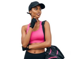 Young athletic woman in pink sports bra and black cap, holding a gym bag, isolated on transparent background