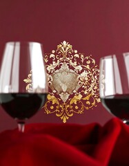 Two wine glasses filled with red wine, set against a dark red background with an ornate gold design