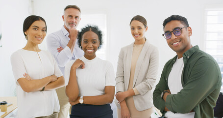 Portrait, happy team and creative business people in office for collaboration with journalists....
