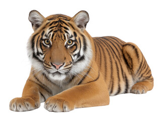 Naklejka premium Majestic tiger cub with striking orange fur and black stripes lying down isolated on transparent background. PNG die-cut for advertising