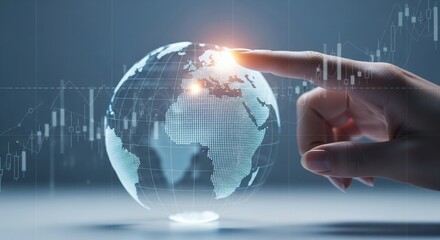 Global Touch: A digital illustration showcasing a hand touching a glowing globe, overlayed with financial charts, symbolizing global business, innovation, and technological advancement.