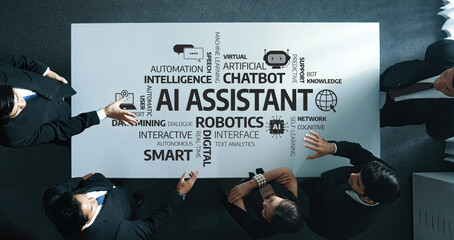 A modern business team discusses innovative AI assistant technologies in a sleek workspace, highlighting collaboration and strategic planning for future advancements. Amity