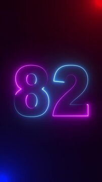  Purple and blue neon number 82 glowing on a black background. Vibrant purple and Blue Neon Number 82 Glowing in Darkness eighty-two numeral.