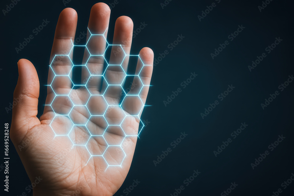 Poster futuristic technology glowing hexagonal pattern overlays human hand creating sense of advanced digit
