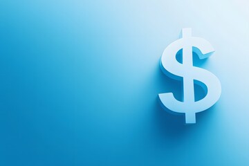 Fototapeta premium Soft gradient blue background with floating dollar symbol, right side blank for business message or text.