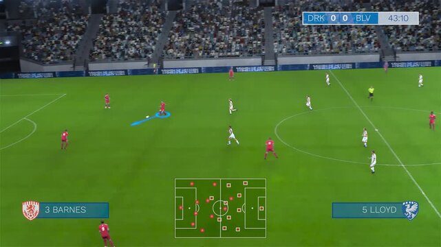 Soccer Video Game Template with Both Team Players Running Across the Field, Passing the Ball and Kicking Towards the Goal in a Live Broadcast View. Online Sport Simulator Mock Up