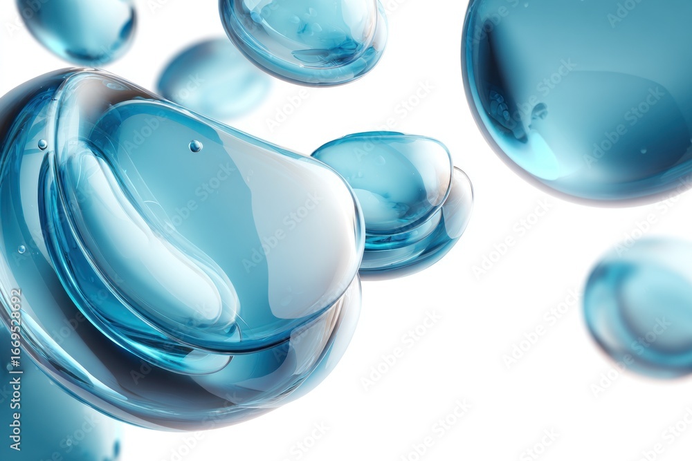 Poster transparent blue droplets float on white, reflecting light with glossy surfaces and showing depth