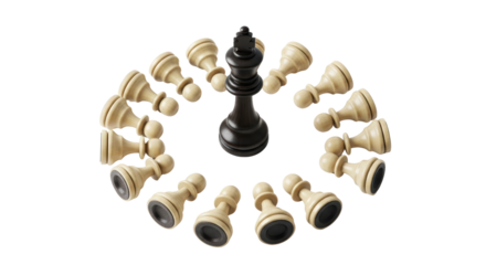 Black king chess piece surrounded by white pawns  
