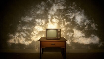 Antique TV on a table against a wall. A cloud-like pattern is projected behind, creating a surreal, dreamlike ambiance