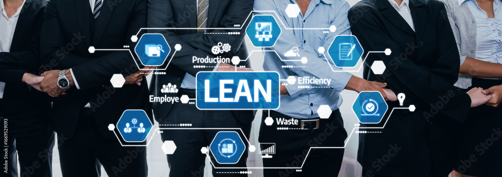 Poster this image illustrates a business team engaging in lean management practices, emphasizing efficiency