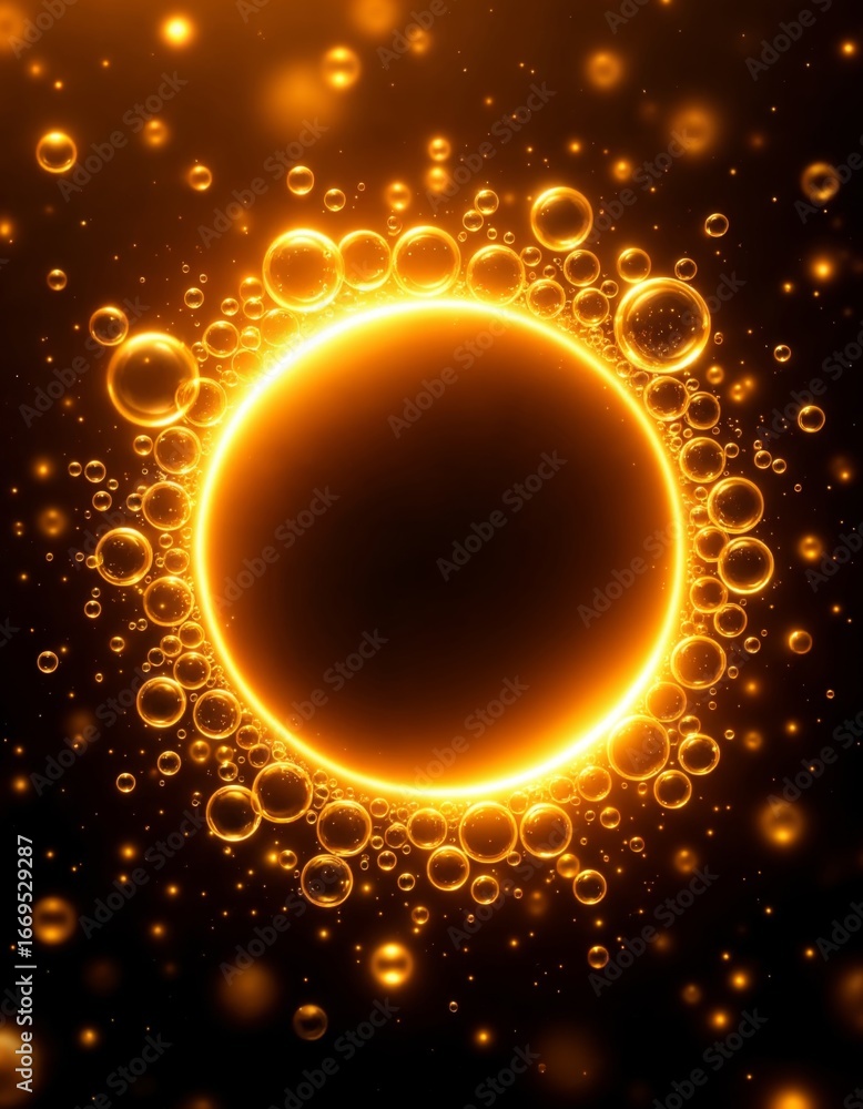 Poster glowing golden bubbles in harmonious circular form against a dark background for upscale visual proj