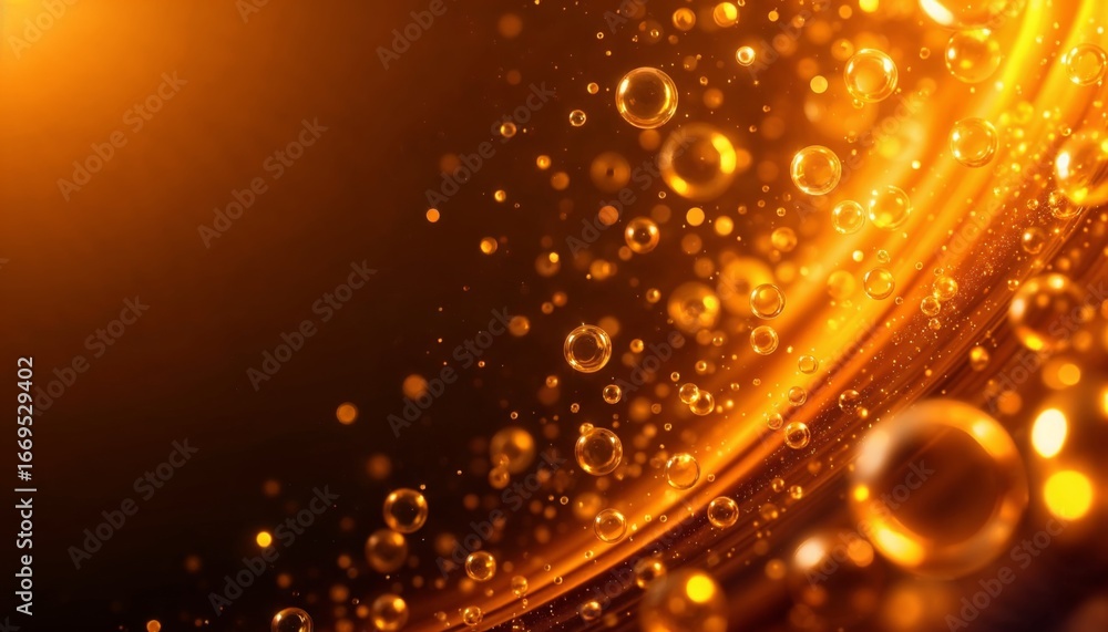 Poster luminous golden bubbles swirling diagonally with bokeh effect in a soft background, perfect for abst