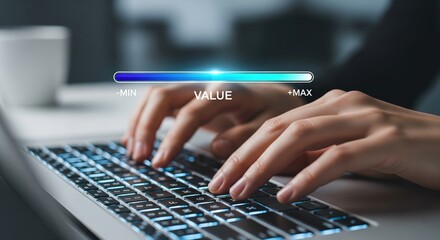 Value Focused Hands-On Work: Close-up shot of person's hands working meticulously on a laptop, with a digital value indicator providing visual cues to progress