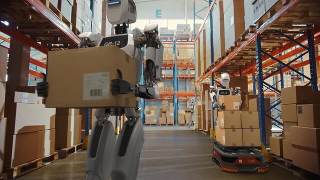 Humanoid Robot Carrying a Cardboard Box while Walking Through a Large Logistics Warehouse with Other Autonomous Robots. Futuristic Workplace with Automation and AI-Powered Work Equipment