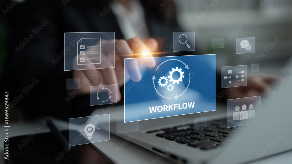 Poster workflow optimization concept featuring interconnected gears, task management, collaboration, proces