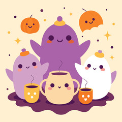 Naklejka premium Tshirt vector art of adorable halloween scene with smiling ghosts and pumpkins holding cups of hot drinks, creating a cozy and cheerful atmosphere