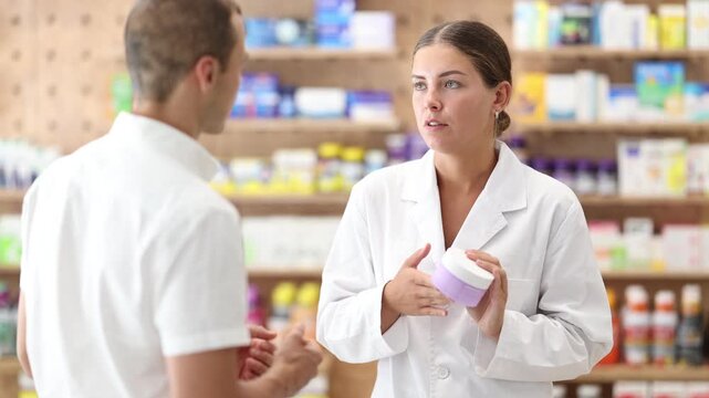 Positive woman apothecary speaking to male customer holding cream in hand in pharmacy store