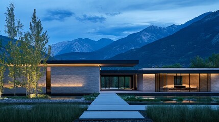 Modern house with reflection pool, nestled against stunning mountain range at dusk. Elegant, minimalist design