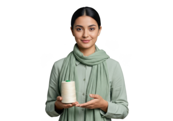 Young woman holding a spool of thread isolated on transparent background