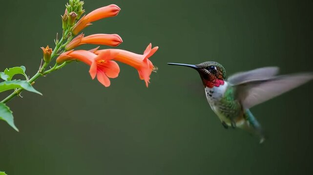 Hummingbird feeding from orange flower