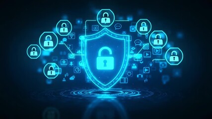 Digital cybersecurity shield with an unlocked padlock and glowing social media icons, representing online security and data protection in a futuristic blue neon glow - Powered by Adobe