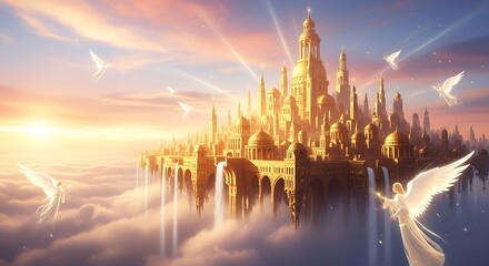 Angels and a golden city floating in the clouds at sunset